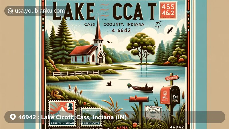 Modern illustration of Lake Cicott, Cass County, Indiana, blending natural beauty, historical landmarks, and postal elements for ZIP code 46942, featuring the serene glacier lake, lush greenery, and local wildlife.