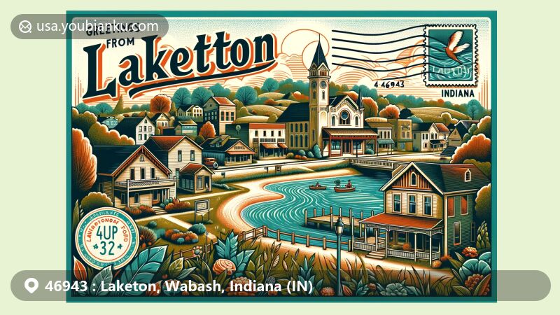 Modern illustration of Laketon, Indiana, showcasing small-town charm with ZIP code 46943, highlighting community spirit and local amenities, hinting at surrounding natural beauty.
