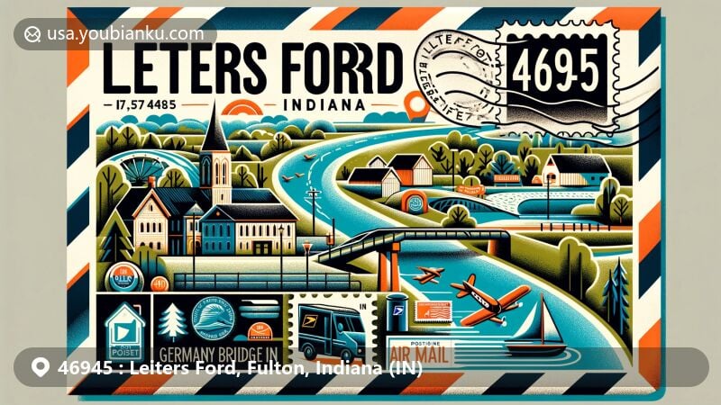 Modern illustration of Leiters Ford, Indiana, on an air mail envelope with ZIP code 46945, showcasing Tippecanoe River and Germany Bridge County Park.