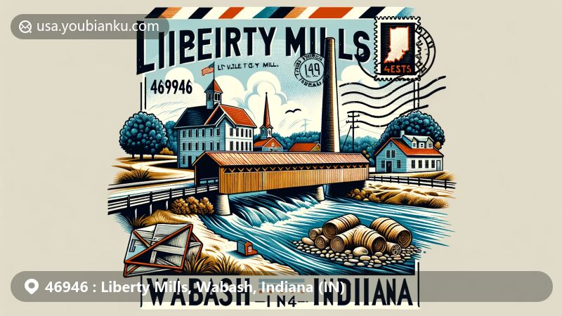Modern illustration of Liberty Mills, Wabash County, Indiana, capturing the essence of small-town charm and community spirit with ZIP code 46946, featuring local landmarks and scenic beauty.