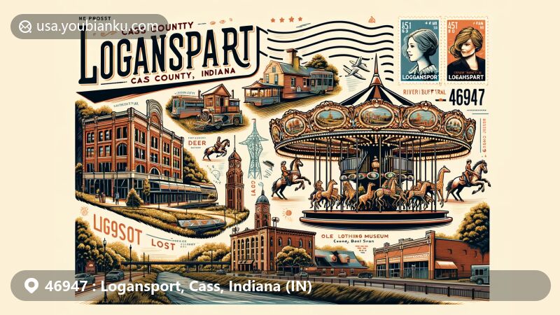 Modern illustration of Logansport, Cass County, Indiana, featuring Cass County Dentzel Carousel with hand-carved animals and River Bluff Trail, highlighting the area's cultural heritage and natural beauty.