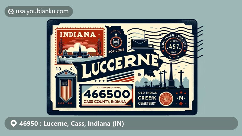 Modern illustration of Lucerne, Cass County, Indiana, capturing postal theme with ZIP code 46950, featuring silhouette of Indiana and Cass County, vintage postmark, envelope, and stamp of Old Indian Creek Cemetery.
