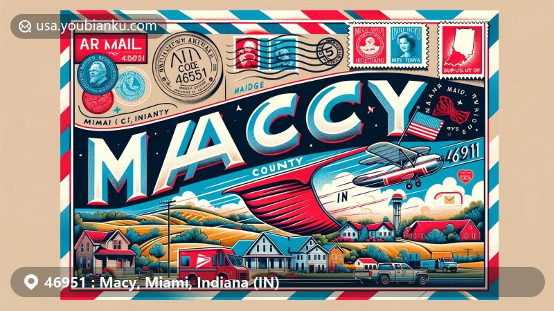 Modern illustration of Macy, Miami County, Indiana, featuring air mail envelope theme with postal elements like stamps, postmark 'Macy, IN 46951', and mail delivery truck, highlighting town's elevation, rural landscape, and symbols of Ruth Riley and Lane Sisters.