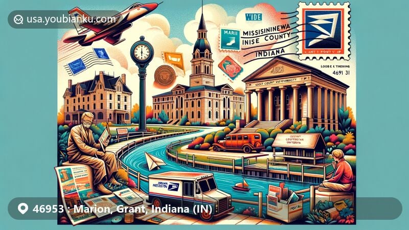 Modern illustration of Marion, Grant County, Indiana, infusing postal theme with ZIP code 46953, featuring iconic landmarks like Mississinewa River, Indiana Wesleyan University, Grant County Courthouse, and James Dean Birthsite Memorial.