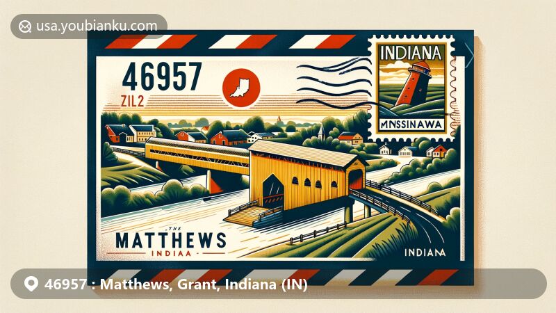 Modern digital illustration of Matthews, Grant County, Indiana, featuring airmail envelope with ZIP code 46957 & Indiana postage stamp of Cumberland Covered Bridge.