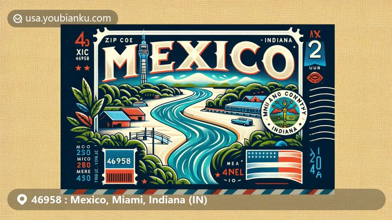 Modern illustration of Mexico, Indiana, Miami County, featuring postal theme with ZIP code 46958, showcasing Eel River and Indiana state pride.