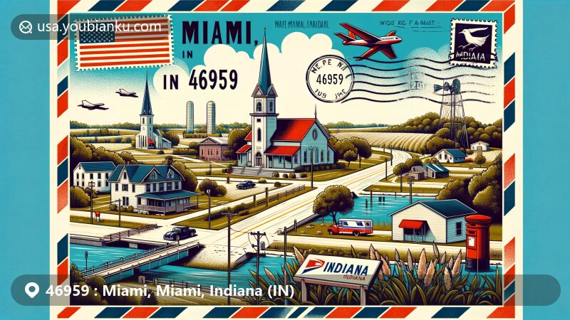 Modern illustration of Miami, Indiana, featuring postal theme with ZIP code 46959, showcasing rural charm and vintage postcard layout.
