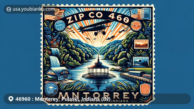 Modern illustration of Monterey, Pulaski County, Indiana, featuring postal theme with vintage air mail envelope, Monterey Bandstand, Tippecanoe River, and local history elements.