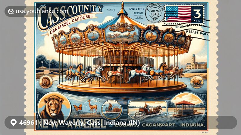 Modern illustration of New Waverly, Cass County, Indiana, celebrating ZIP code 46961, featuring Cass County Dentzel Carousel with historic menagerie-style design from the early 1900s, adorned with deer, giraffes, lion, tiger, horses, and chariots in Riverside Park, Logansport. Includes Indiana state flag, France Park's natural beauty, Logansport community, and postal elements like airmail envelope, stamp, and 'New Waverly, IN 46961' postal mark.