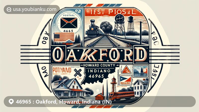Modern illustration of Oakford, Howard County, Indiana, capturing postal heritage with vintage air mail envelope, Indiana state flag, Howard County map silhouette, and railroad crossing sign.