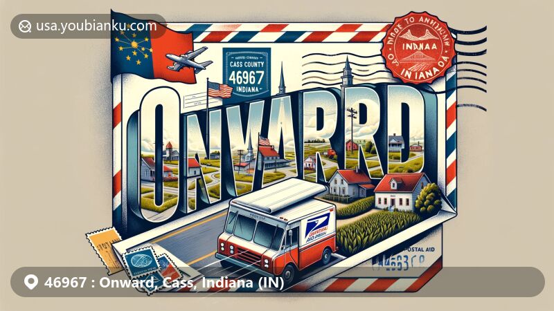 Modern illustration of Onward, Cass County, Indiana, highlighting postal theme with ZIP code 46967, featuring vintage air mail elements and Indiana state flag.