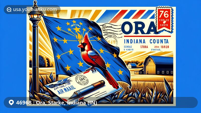 Modern illustration of Ora, Starke County, Indiana, featuring ZIP code 46968, integrating regional and postal elements with Indiana state flag and Northern Cardinal.