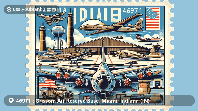 Modern illustration of Grissom Air Reserve Base, Miami, Indiana, highlighting key landmarks like the KC-135 Stratotanker, A-10A Thunderbolt II, B-25J Mitchell Bomber, and TB-58A Hustler, along with Indiana state symbols, in a creative postal theme with ZIP code 46971.