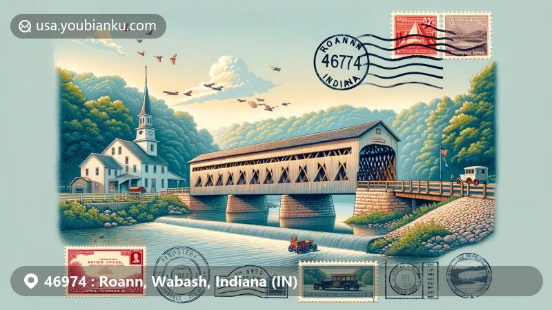 Modern illustration of Roann, Wabash County, Indiana, featuring Roann Covered Bridge, Stockdale Mill, postal elements, and historical charm.