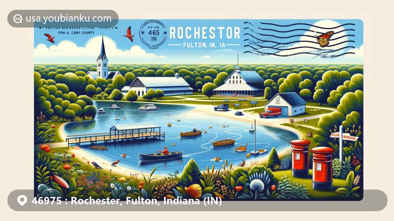 Modern illustration of Rochester, Fulton County, Indiana, highlighting postal theme with ZIP code 46975, featuring Lake Manitou, Fulton County Museum, Round Barn Museum, and Prairie Edge Nature Park.