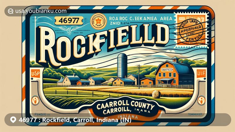 Modern illustration of Rockfield, Carroll County, Indiana, capturing rural preservation, historic landmarks, and postal elements, with a scenic rural landscape, hinting at agricultural heritage and the Mears Family farms in Deer Creek Valley.