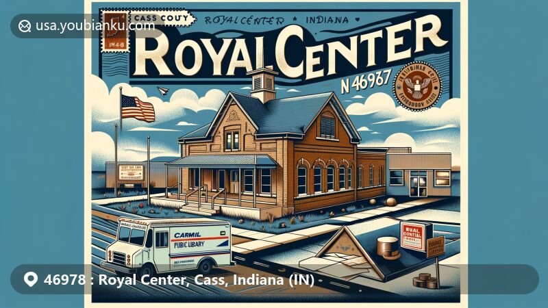 Modern illustration of Royal Center, Cass County, Indiana, featuring the Royal Center Carnegie Public Library and postal theme with airmail envelope, stamps, and postal truck for zipcode 46978.