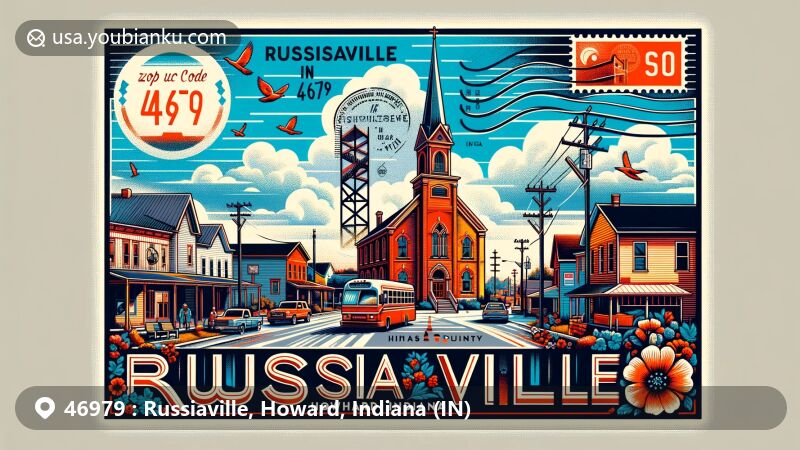 Modern illustration of Russiaville, Howard County, Indiana, featuring Quaker settlement history, Underground Railroad connection, and representation of Ryan White story against HIV/AIDS discrimination.