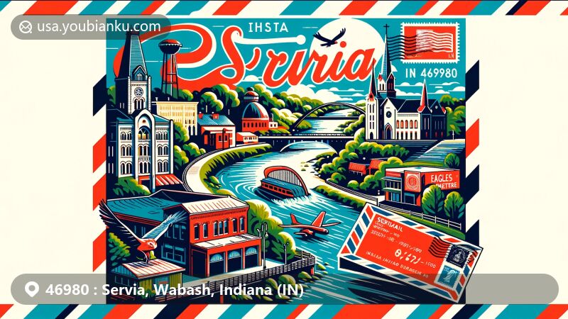 Modern illustration of Servia, Wabash County, Indiana (IN), featuring Wabash River Trail, Eagles Theatre, airmail envelope, postmark 'Servia, IN 46980,' and red/blue airmail border.