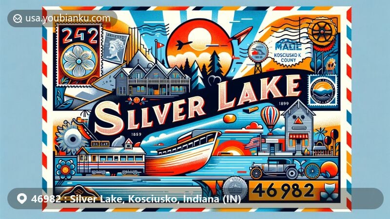 Modern illustration of Silver Lake, Kosciusko County, Indiana, showcasing postal theme with ZIP code 46982, featuring elements like postcards, air mail envelopes, postage stamps, and postmarks.