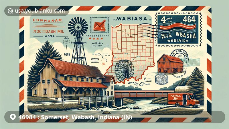 Modern illustration of Somerset, Wabash County, Indiana, featuring postal theme with ZIP code 46984, showcasing Stockdale Mill and Roann Covered Bridge.