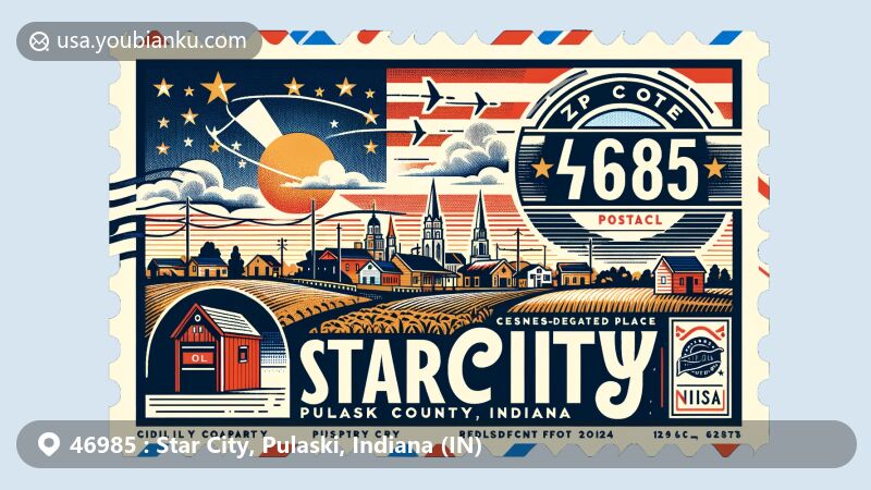 Modern illustration of Star City, Pulaski County, Indiana, featuring small-town charm, rural landscapes, Indiana state flag, Pulaski County outline, airmail envelope, vintage postage stamp, postal mark '2024', and red mailbox with ZIP code 46985.