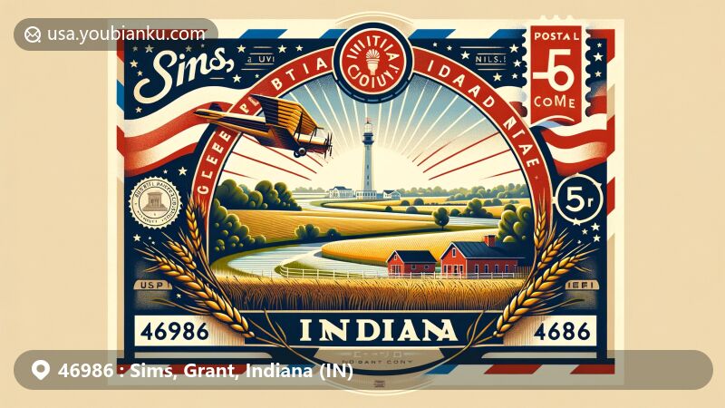 Vintage-style illustration of Sims, Indiana, showcasing rural landscape and postal theme with ZIP code 46986, featuring Indiana state flag and postal symbols.