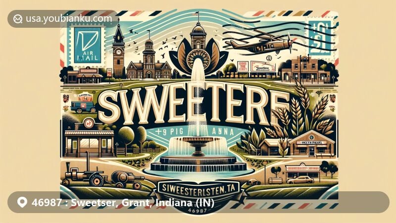 Modern illustration of Sweetser, Indiana, showcasing postal theme with ZIP code 46987, featuring Sweetser Park with fountain and agricultural motifs.
