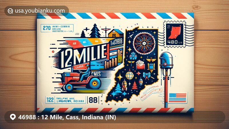 Modern illustration of 12 Mile, Cass County, Indiana, featuring airmail frame showcasing local events like the 'Twelve Mile 500' lawnmower race and annual Christmas Pageant, with postal elements including vintage stamp, '46988' ZIP Code, '12 Mile, Cass, Indiana' postmark, and mailbox or mail truck on wooden table backdrop.