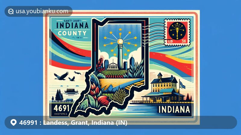 Modern illustration of Landess, Grant County, Indiana, showcasing postal theme with ZIP code 46991, featuring local symbols and Indiana state flag.