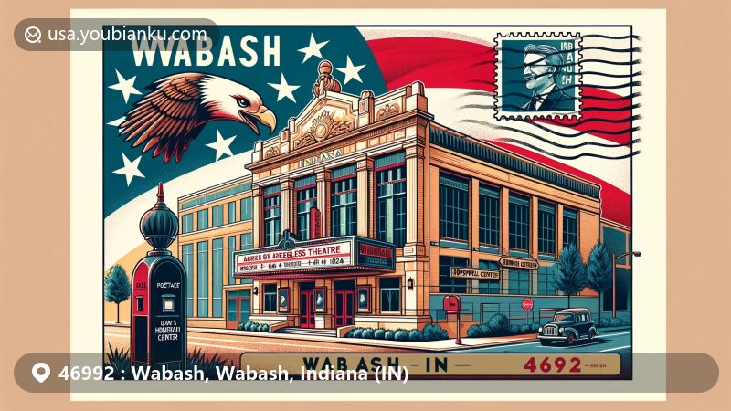 Digital illustration of Wabash, Indiana, showcasing Eagles Theatre and Honeywell Center in a scenic postcard style, with Indiana flag, American mailbox, and postal elements such as ZIP code 46992 and postage stamp.