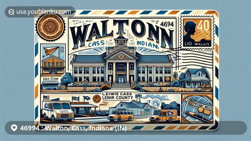 Modern illustration of a postcard design for Walton, Cass County, Indiana, with ZIP code 46994, featuring Lewis Cass Junior-Senior High School and rural agricultural elements.