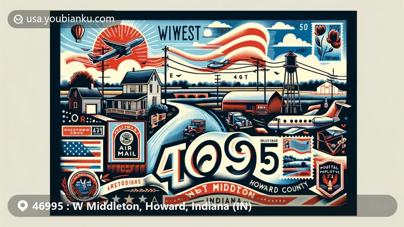 Modern postcard illustration of West Middleton, Howard County, Indiana, featuring rural landscape between Russiaville and Kokomo, with vintage postage stamp, air mail envelope, and postal marks.
