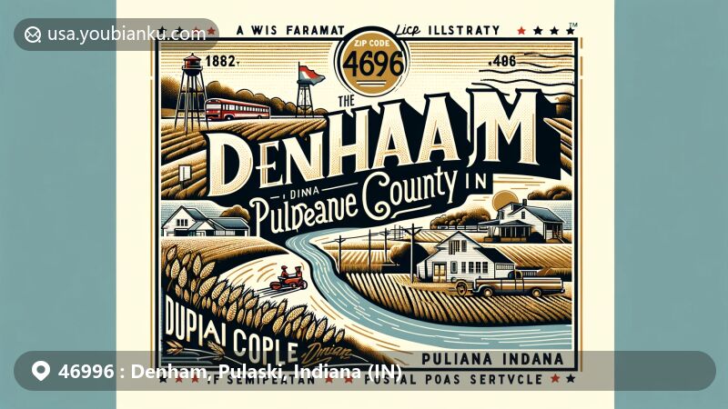 Modern illustration of Denham area, Pulaski County, Indiana, with postal theme and ZIP code 46996, featuring Tippecanoe River and agricultural elements.