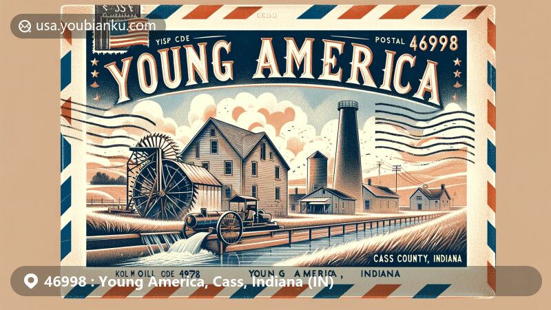 Modern illustration of Young America, Cass County, Indiana, on vintage air mail envelope, featuring sawmill symbolizing town's origins, Cass County outline, Indiana state flag, and postal heritage with ZIP code 46998.