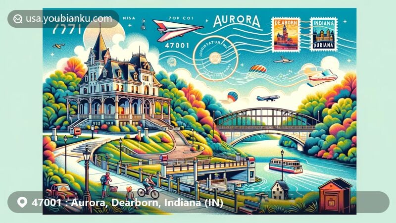 Modern illustration of Aurora, Dearborn County, Indiana, featuring Veraestau estate overlooking Ohio River, Dearborn Trail, George Street Bridge, and whimsical postal elements with ZIP code 47001.