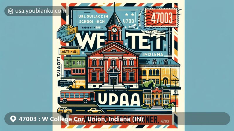 Modern illustration of West College Corner, Union County, Indiana, showcasing postal theme with ZIP code 47003, featuring elements from both Indiana and Ohio states, including a vintage postcard design. Subtle educational element related to Union County–College Corner Joint School District.