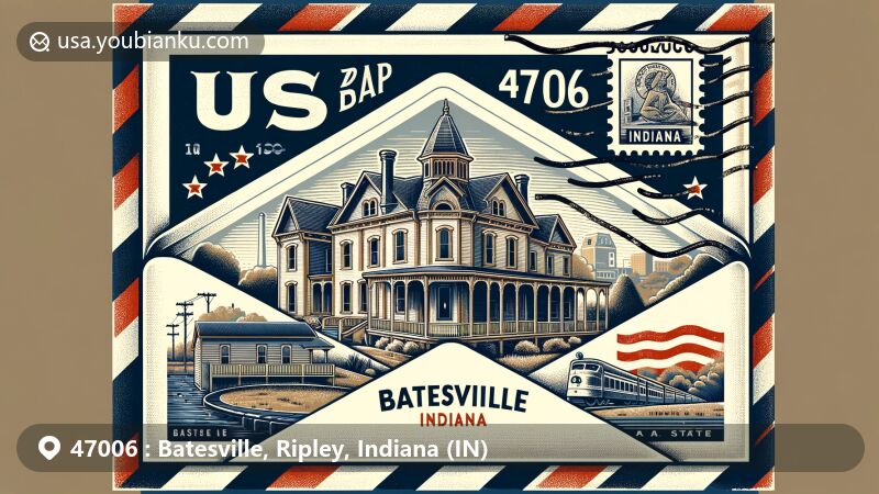 Modern illustration of Batesville, Indiana, featuring a vintage-style airmail envelope with symbolic landmarks, including the historical Sherman House, Batesville Casket Company, and Indiana state flag.