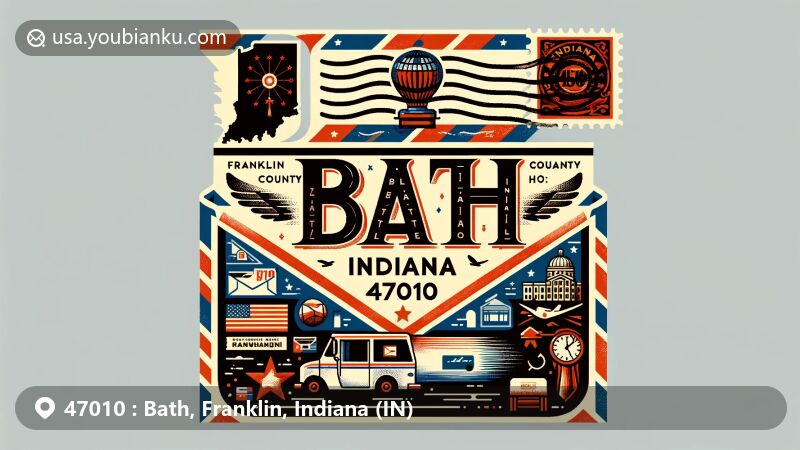 Modern illustration of Bath, Franklin County, Indiana, showcasing postal theme with ZIP code 47010, featuring vintage air mail envelope, Franklin County map silhouette, Indiana state flag, and postal stamp with rural landscape.
