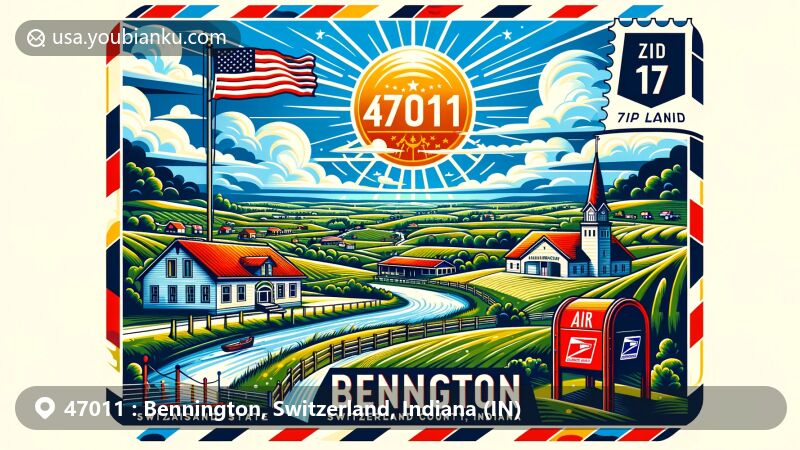 Modern illustration of Bennington, Switzerland County, Indiana, featuring postal theme with ZIP code 47011, showcasing Indiana state flag and picturesque countryside landscape.