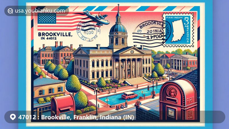 Modern illustration of Brookville, Franklin County, IN 47012, showcasing historic district with Federal and Greek Revival architecture, including Franklin County Courthouse and St. Michael's Catholic Church.