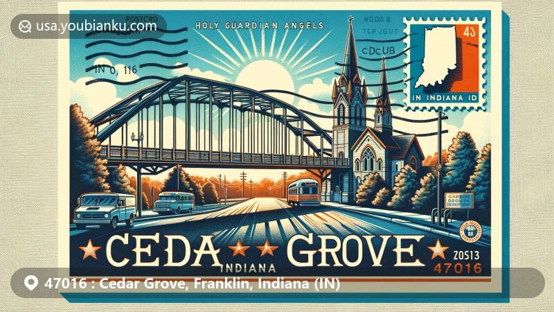 Modern illustration of Cedar Grove, Indiana, showcasing postal theme with ZIP code 47016, featuring iconic Cedar Grove Bridge and Holy Guardian Angels Church, alongside contemporary postal elements against a serene background.