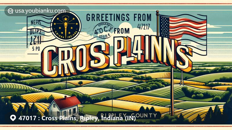Vintage-style illustration of Cross Plains, Indiana, capturing the scenic view with Ripley County's rolling hills and lush greenery, featuring Indiana state flag and Ripley County outline.