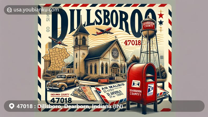 Modern illustration of Dillsboro, Indiana, featuring vintage air mail envelope with ZIP code 47018, historic Hopewell Presbyterian Church, iconic water towers, and classic red postal box.