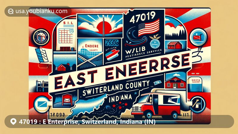 Modern postcard-style illustration of East Enterprise, Switzerland County, Indiana, featuring geographical shape of the county, Indiana state flag, and postal service symbols.
