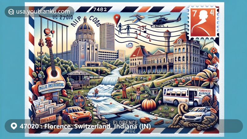 Modern illustration of Florence, Switzerland County, Indiana, showcasing postal theme with ZIP code 47020, featuring Belterra Casino Resort, musical elements, and Adventure Park activities.