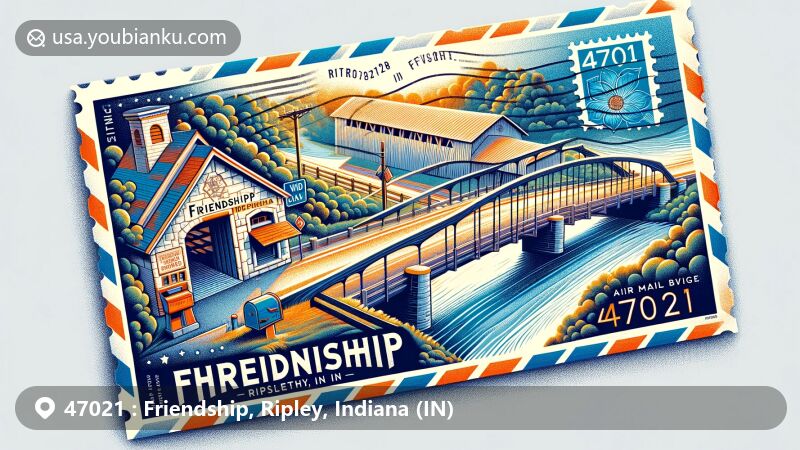 Modern illustration of Friendship, Indiana showcasing Friendship Stone Bridge and Busching Covered Bridge on a postal-themed design with postal elements like a mailbox, stamp, and postmark. Features clear '47021' and 'Friendship, Ripley, IN' on stamp, along with Indiana state symbols.