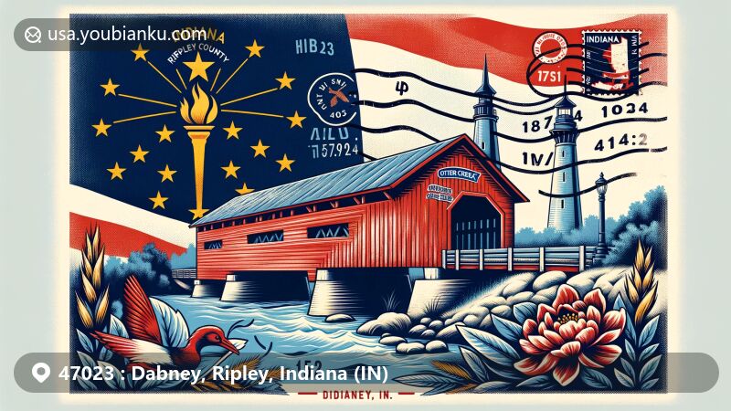 Modern illustration of Dabney, Ripley County, Indiana, featuring Otter Creek Bridge and Busching Covered Bridge against Indiana state flag backdrop with torch emblem, Northern Cardinal, and Peony, styled as vintage postcard with ZIP code 47023 and 'Dabney, IN' ink stamp.