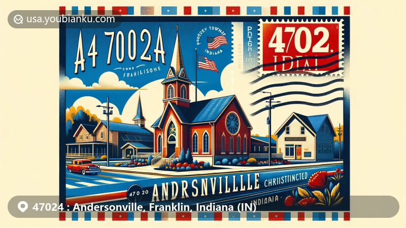 Modern illustration of Andersonville, Franklin County, Indiana, showcasing postal theme with ZIP code 47024, possibly featuring Andersonville Christian Church and Indiana state symbols.