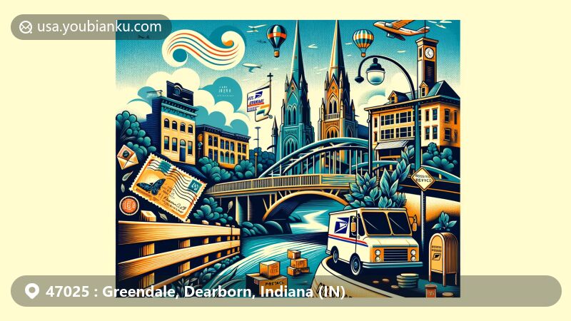 Modern illustration depicting Greendale, Dearborn County, Indiana, featuring Dearborn Trail, historic bridges, downtown districts, postal service elements like vintage postcard, postal truck, and Ohio River in the background.